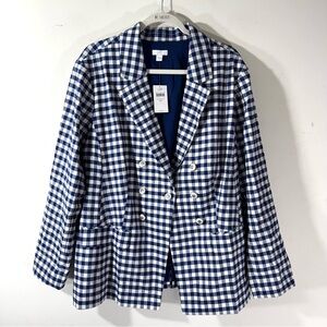 J. Jill navy white Gingham linen blend Blazer Nautical buttons NWT
